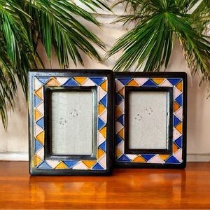 Set of 2 Handpainted Ceramic Tile Picture Frames – Multicolor Geometric Mosaic